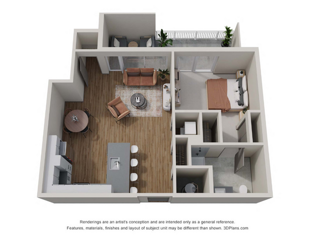 Chic 3D floor plan showcasing a modern 1-bedroom apartment with an open-concept living area, stylish kitchen, and private balcony.