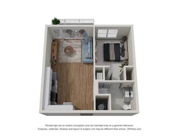 Charming 3D floor plan featuring a cozy one-bedroom apartment with an open-concept living area, modern kitchen, and private balcony access.