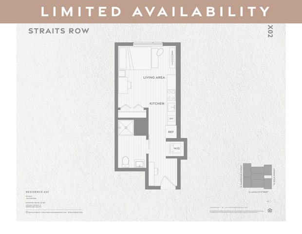 Floor plan of the Straits Row studio apartment featuring a combined living area and kitchen, and a bathroom.