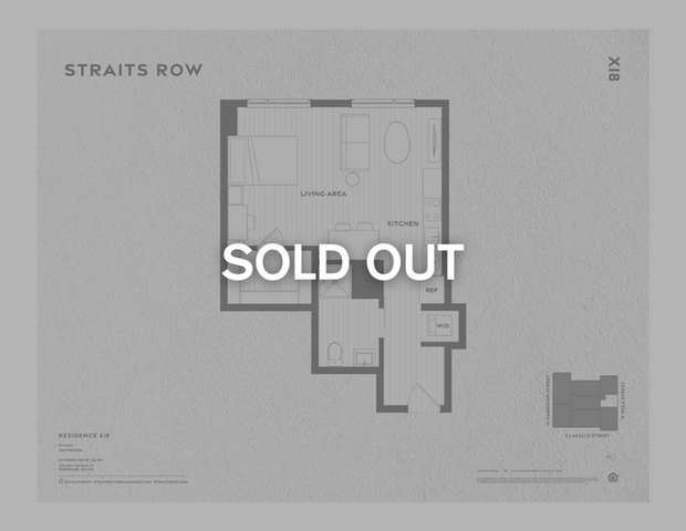 Efficient studio floor plan featuring open living area, kitchen, and bathroom, Straits Row.
