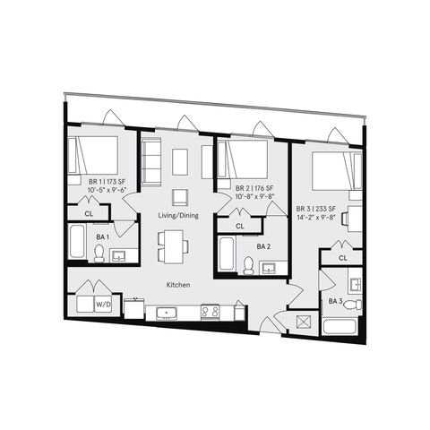 Modern floor plan featuring 3 bedrooms, an open living/dining area, kitchen, and 3 bathrooms with ample closet space.