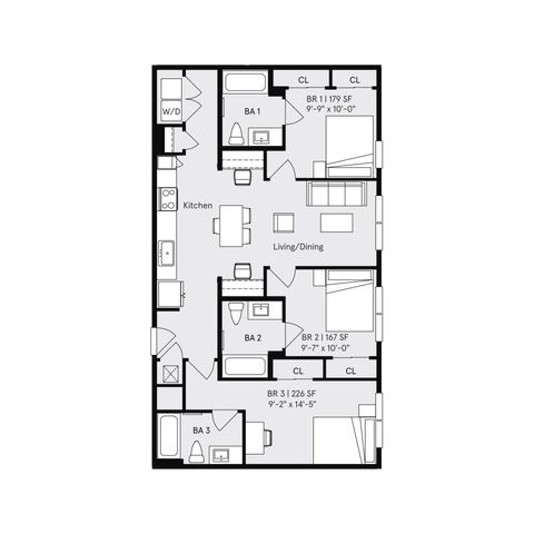 Modern 3-bedroom floor plan with spacious living/dining area, well-equipped kitchen, and three elegant bathrooms.