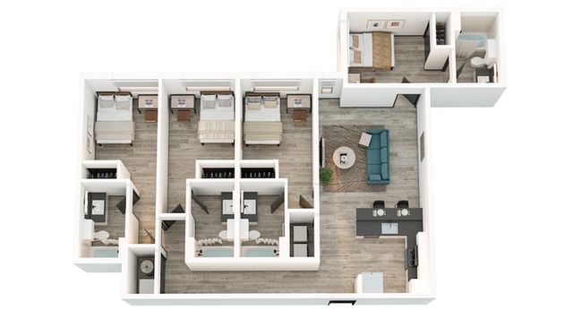 Modern 3D floor plan showcasing 4 bedrooms, spacious living room with chic furnishings, and a sleek kitchen design.