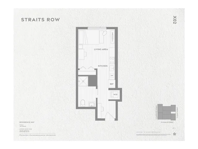 Floor plan of the Straits Row studio apartment featuring a combined living area and kitchen, and a bathroom.