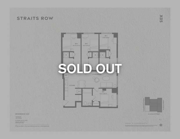 Elegant floor plan of Straits Row Residence X05 featuring four bedrooms, a modern kitchen, and an inviting living/dining area.