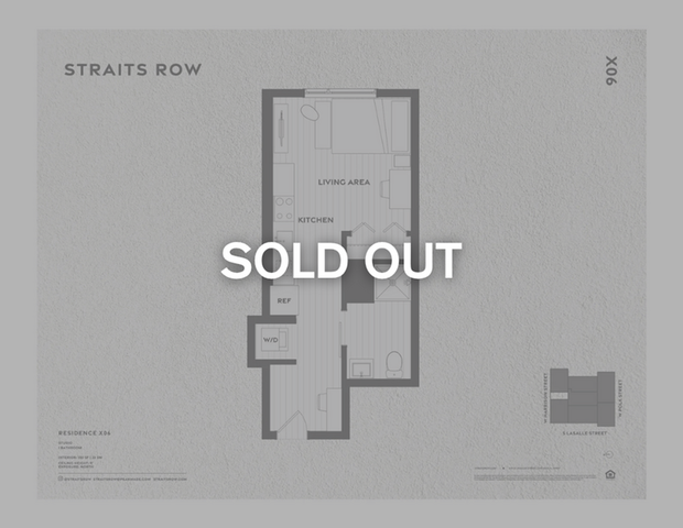 Efficient studio floor plan with living area, kitchen, and bathroom at Straits Row.