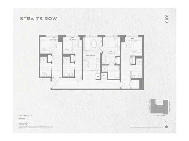 Detailed floor plan of Straits Row Residence X08 featuring 4 bedrooms and a central living and dining area.