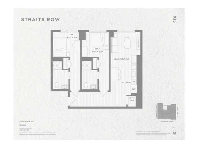 Elegant floor plan of Straits Row Residence X15 showing 2 bedrooms, open living and dining area, and modern kitchen.