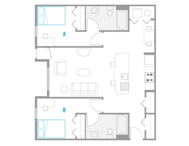 Sleek floor plan featuring 2 spacious bedrooms, open living and dining area, modern kitchen with island, and well-appointed bathrooms.