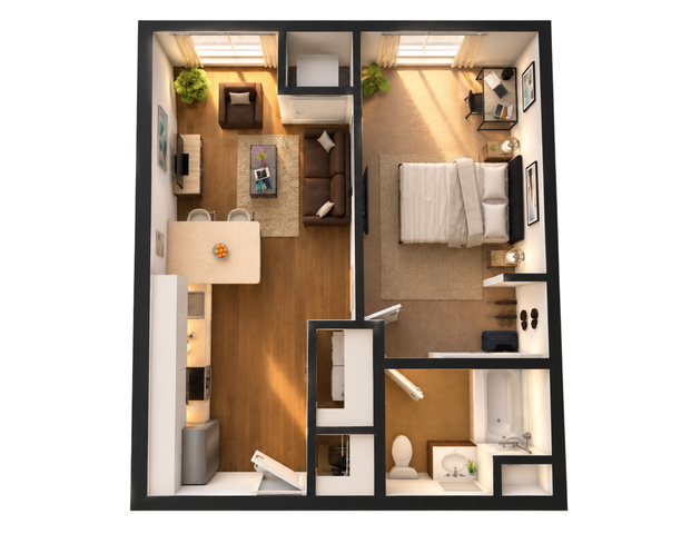 Modern 2D floor plan featuring a spacious bedroom, cozy living area, and sleek kitchen with open design.