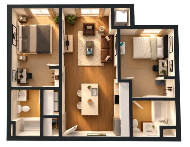 Elegant floor plan showcasing 2 spacious bedrooms, modern kitchen with island, and cozy living area.