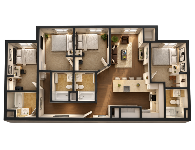 Contemporary 3-bedroom floor plan with an open-concept living area, modern kitchen, and dual bathrooms for convenience.