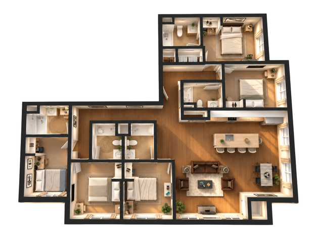 Chic and spacious floor plan showcasing 4 serene bedrooms, a modern open-concept living and dining area, and two elegant bathrooms.