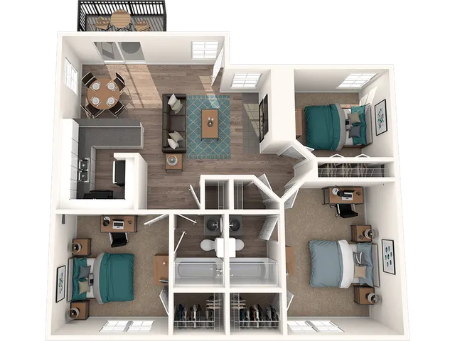 3d floor plan of the 3 bedroom and 2 bathroom