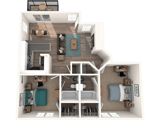 3d floor plan of the 2 bed and 2 bath