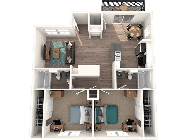 3d floor plan of the 2 bedroom and 2 bathroom Plus