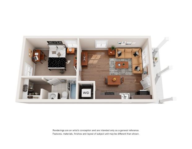 3D floor plan of a one-bedroom apartment with cozy living room and modern kitchen.