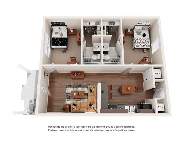Elegant 3D floor plan illustrating two bedrooms, a modern kitchen, and an inviting living area.
