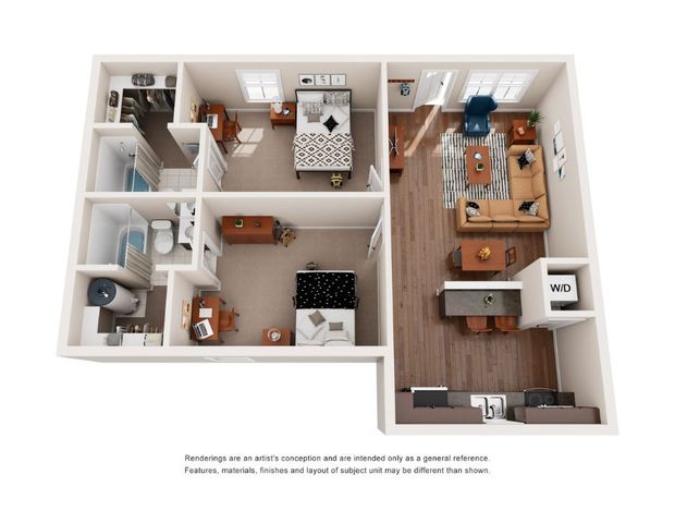 3D floor plan showcasing two bedrooms, a cozy living room, and a modern kitchen with a dining area.