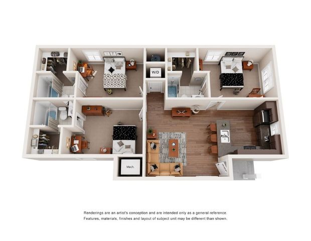 Elegant 3D floor plan showcasing 3 bedrooms, open living area, and modern kitchen.