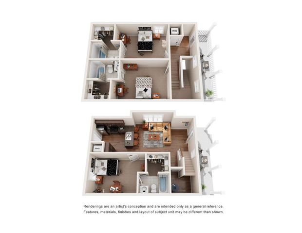 3D floor plan of a two-story apartment featuring 2 bedrooms, a modern kitchen, and a spacious living area.