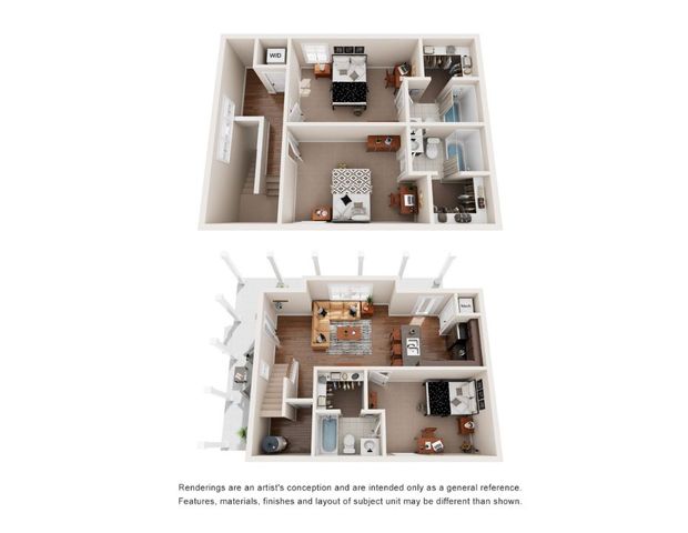 Detailed 3D floor plan depicting a two-level apartment with 2 bedrooms, a spacious kitchen, and a cozy living space.