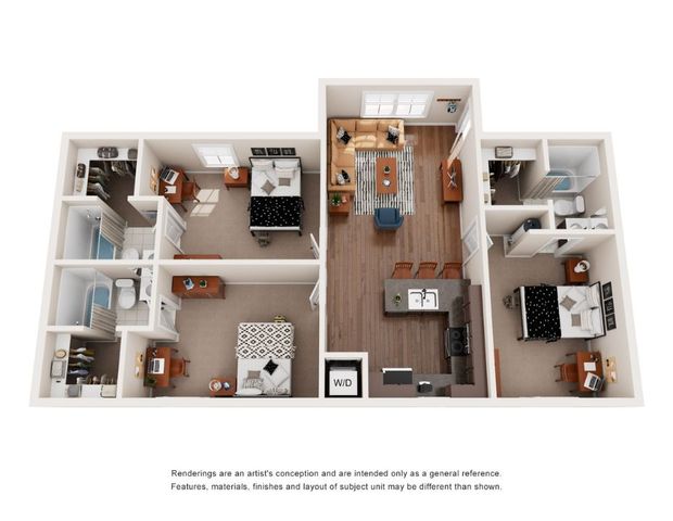 3D floor plan showcasing 3 bedrooms, an open-concept living area, and a modern kitchen.