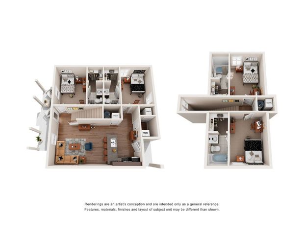 3D two-level floor plan showcasing 3 bedrooms, a sleek open living area, and modern kitchen.