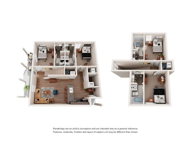Detailed 3D floor plan showing a sophisticated multi-level apartment with 3 bedrooms, a sleek kitchen, and cozy living spaces.