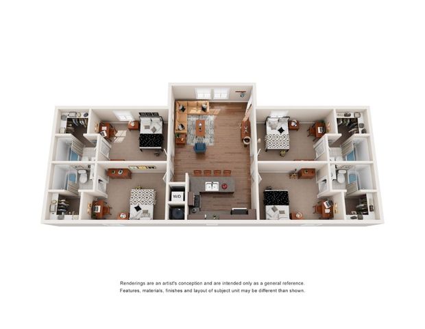 3D floor plan showcasing 4 bedrooms, open-concept living area, and modern kitchen with island.