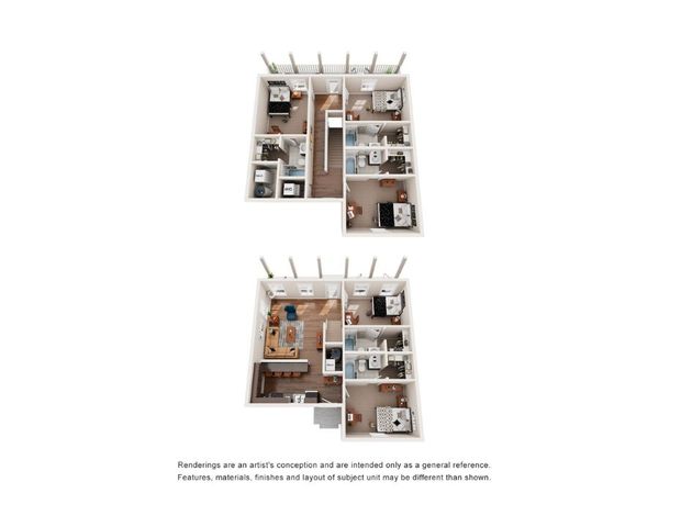 Elegant 3D floor plan showcasing a multi-level apartment with 3 bedrooms, modern kitchen, and inviting living area.
