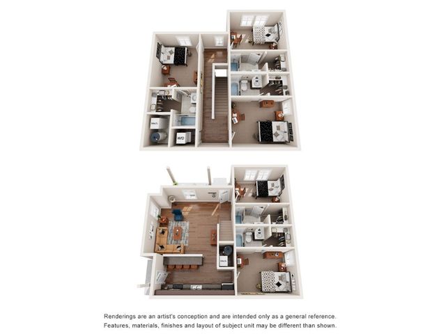 3D floor plan featuring a modern duplex with 4 bedrooms, open-plan living room, and a sleek kitchen.