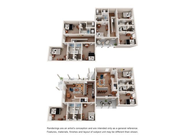 3D floor plan featuring multiple bedrooms, vast living area, modern kitchen, and cozy lounge spaces.