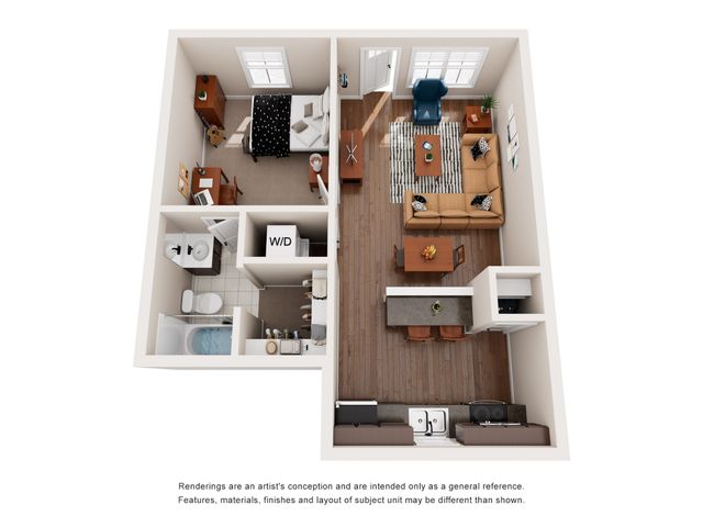 3D floor plan with one bedroom, open living area, modern kitchen, and compact bathroom.