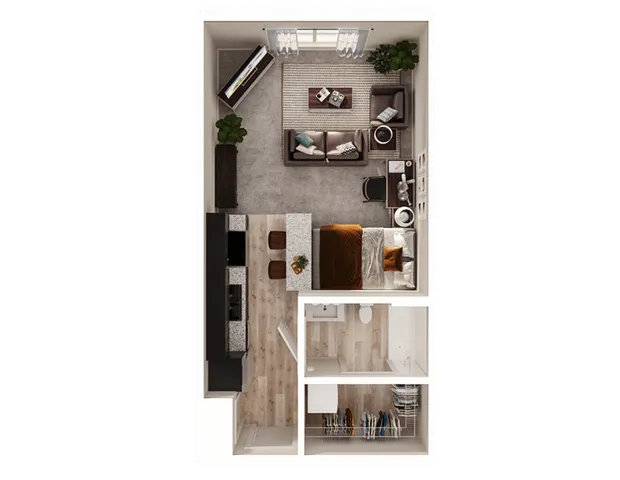 Modern and efficient studio apartment floor plan featuring a cozy living area, compact kitchen with a breakfast bar, and a sleek bathroom design.