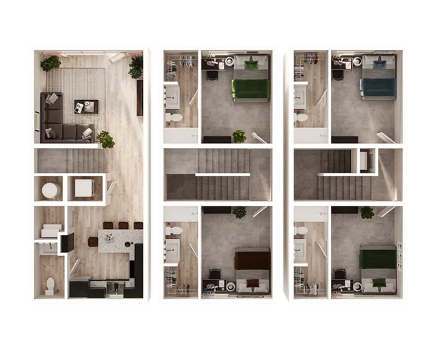 Elegant three-story apartment floor plan featuring modern open-concept living area, gourmet kitchen, and three cozy bedrooms.