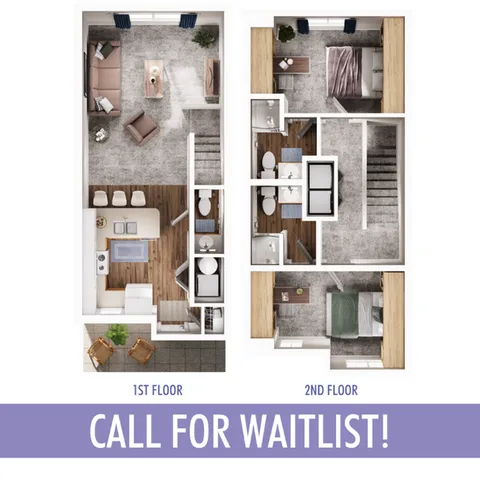 Elegant two-story floor plan showcasing a spacious living area, modern kitchen, and two bedrooms.