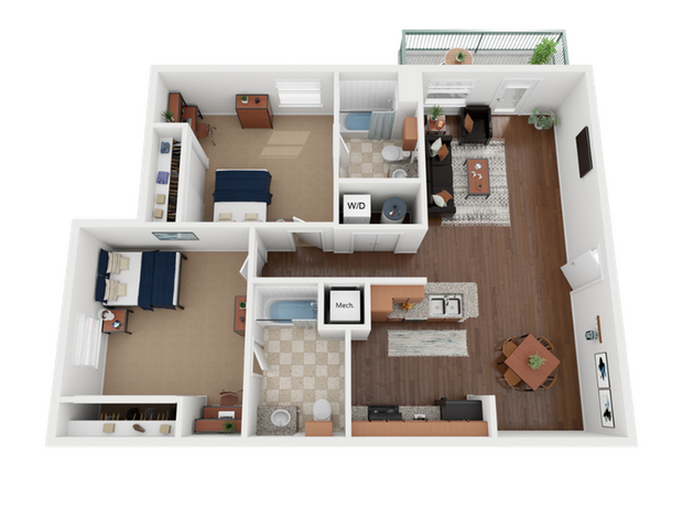 Contemporary floor plan showcasing two spacious bedrooms, cozy living area, modern kitchen, and balcony access.
