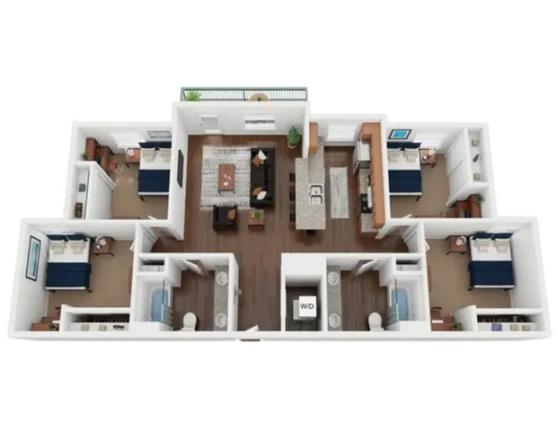 Elegant 3D floor plan showcasing three spacious bedrooms, a modern kitchen with an island, and an inviting open-concept living area, complete with balcony access.