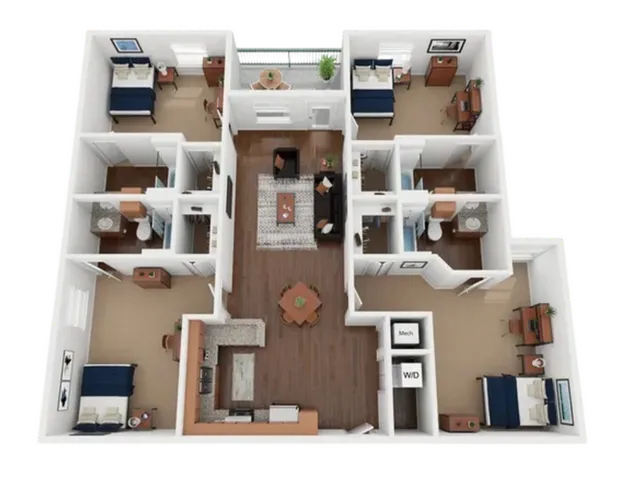 Modern apartment floor plan showcasing 3 bedrooms, open-concept living and dining area, spacious kitchen, and two bathrooms with balcony access.