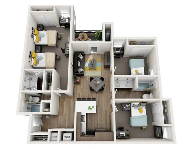 Modern 3D floor plan showcasing 3 bedrooms, a stylish open living area, and a fully equipped kitchen, perfect for family living.