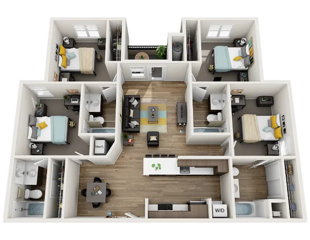 Modern 3D floor plan showcasing 3 bedrooms, a central living area, and sleek kitchen with dining space.
