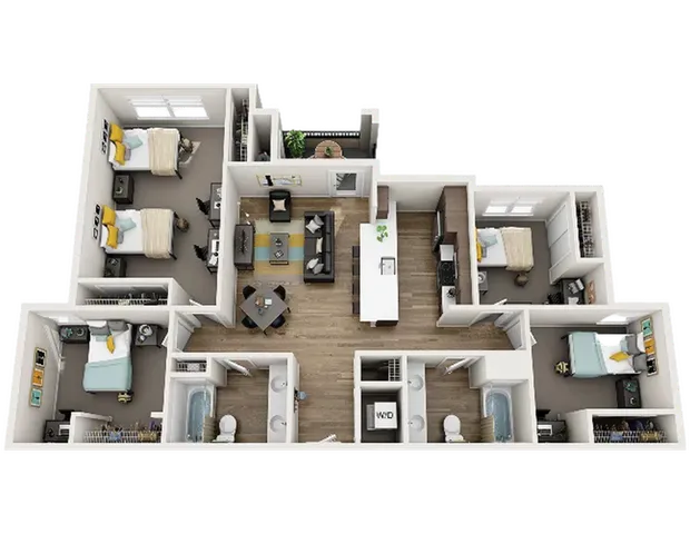 Modern 3D floor plan with 3 bedrooms, open living area, sleek kitchen, and dual bathrooms, ideal for stylish urban living.