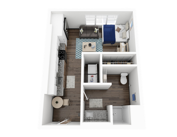 Modern 1-bedroom 3D apartment floor plan featuring an open-concept kitchen, cozy living area, and a spacious bathroom.