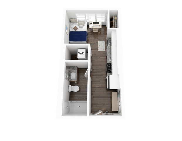 Modern 3D floor plan showcasing a cozy studio apartment with an open layout, featuring a stylish kitchen, comfortable living area, and a convenient bathroom with washer/dryer.