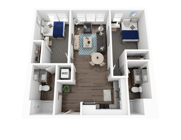 Modern 3D floor plan showcasing two stylish bedrooms, a cozy living room with a dining area, and a fully equipped kitchen. Bright and inviting layout with two elegant bathrooms, perfect for comfortable living.