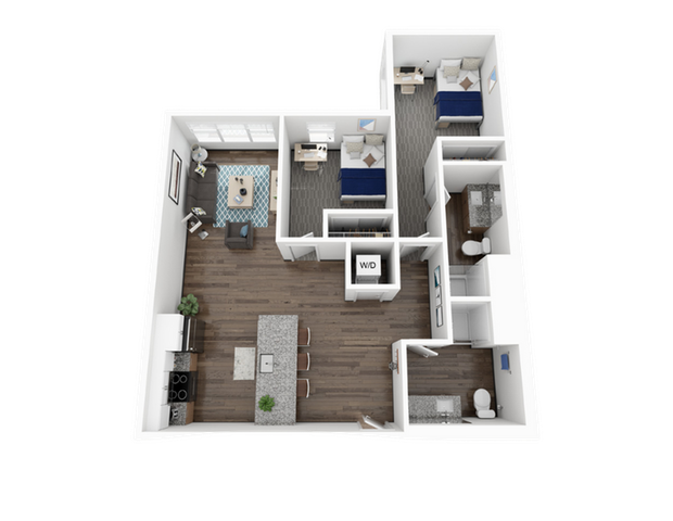 Modern 3D floor plan showcasing 2 cozy bedrooms, an elegant open-concept kitchen, and a spacious living room with large windows.
