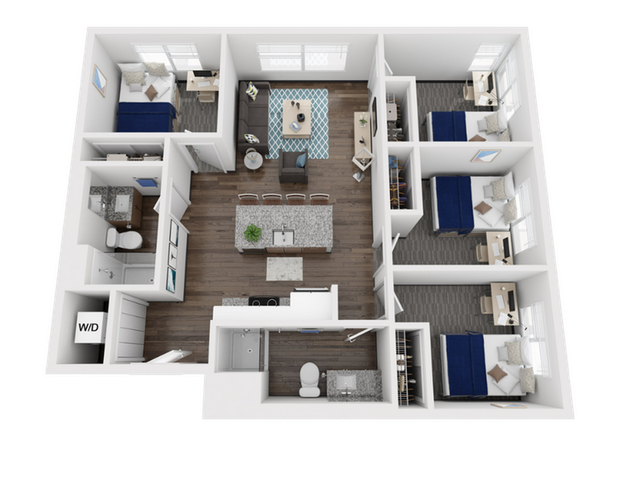 Spacious 3-bedroom apartment floor plan featuring a modern open-concept living area, stylish kitchen island, and two bathrooms with elegant layouts.