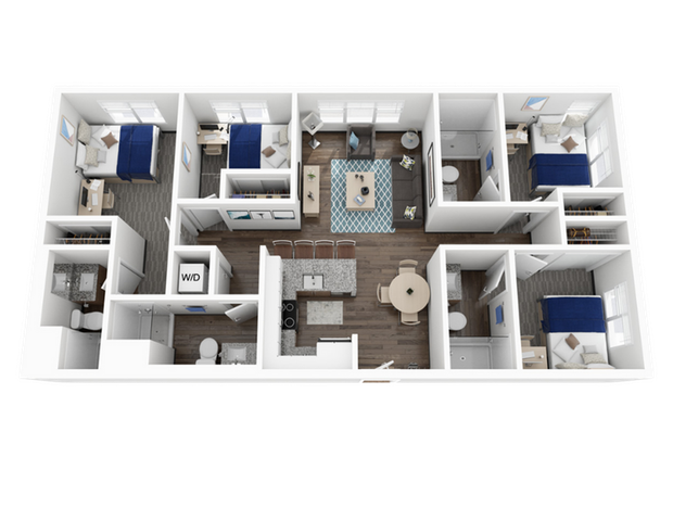 Modern and spacious 3-bedroom apartment floor plan with open-concept living area, sleek kitchen, and two bathrooms. Perfect for stylish urban living.