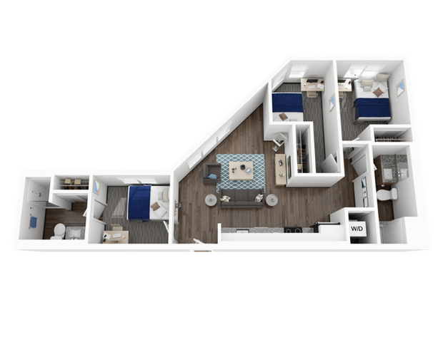 Contemporary floor plan displaying 3 cozy bedrooms, a chic living area, and a practical kitchen with modern design.